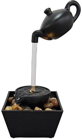 Tabletop Water Fountain, Resin Waterfall Fountains Indoor, Floating Teapot with Soft Led Light, Calming Office Desk Home Decor, Black
