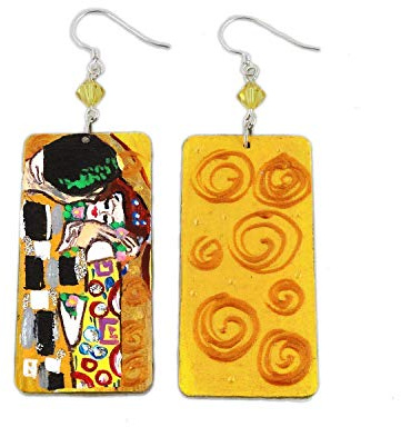 Orecchini dipinti a mano – IL BACIO DI KLIMT - Orecchini pendenti da donna, Gioielli in legno dipinti a mano, Gancio in argento, Made in Italy, Bijoux da donna decorati, Lavorazione Artigianale