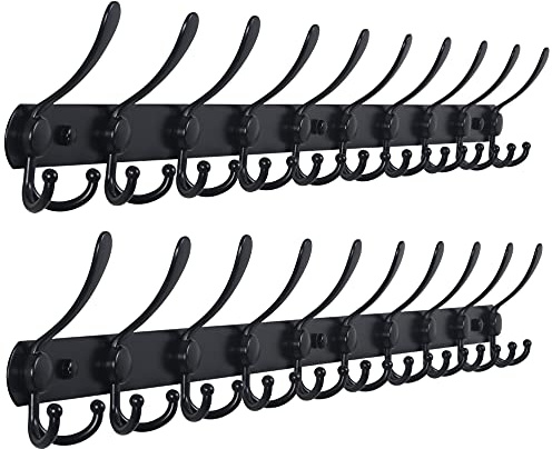 Dseap Garderobenleiste mit 10 haken, schwerlast 96cm Lang garderobenhaken, edelstahl wandgarderobe, kleiderhaken wand, hakenleiste garderobe für mantel hut handtuch handtasche,schwarz,2er-set