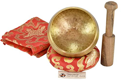 NHZ Meditations-Yoga-Klangschalen-Set mit Schlägel, Kissen und Brokat-Tasche, für Meditation, Chakra-Heilung, Gebet, Yoga und Achtsamkeit, 8,9 cm, Rot
