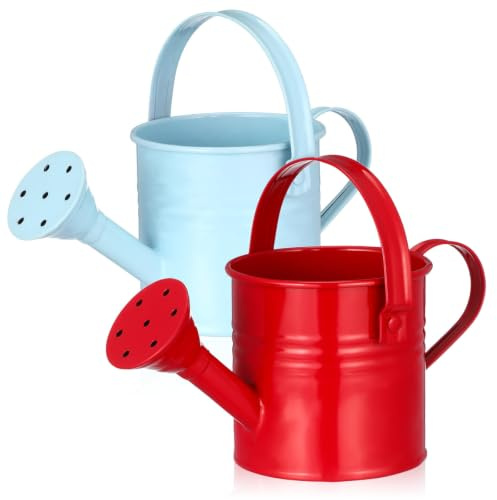 YARNOW 2 Stück Metall Gießkanne Mini Kleiner Garten Gießkübel (Rot, Hellblau)