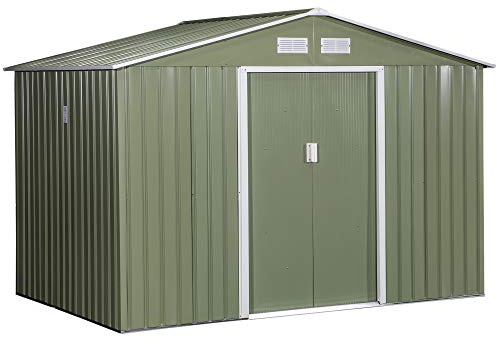 Outsunny Gerätehaus 4,9 m², Gartenhaus mit Satteldach, Schiebetür, Fundament, 277 x 195 x 192 cm, Geräteschuppen aus Verzinkter Stahl, wetterfest, für Garten, Hellgrün