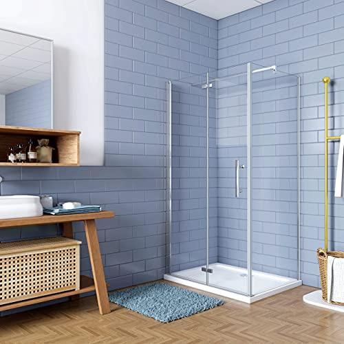H.185cm Box Doccia Angolare 80x80cm Porta Pieghevole vetro 6mm Barra 140cm | Cromo Lucido, Parete Doccia Anticalcare, Vetro Temperato, porta Battente