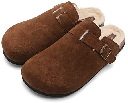 PercyButtons Herren Boston Shearling Pelz Clogs Slipper für Unisex Kuh Wildleder Clogs weich warm und bequem., Dunkelbraun, 43 EU