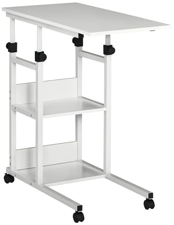 HOMCOM Beistelltisch Couchtisch mit Rollen 80x40x72-82 cm Weiß | Höhenverstellbarer Schreibtisch mit 2 unteren Regalen, Sofatisch Laptoptisch, Betttisch, für Esszimmer Wohnzimmer, Metall