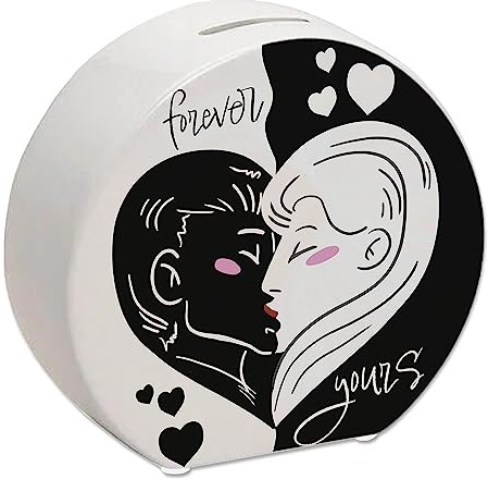 Forever Yours Spardose mit küssendem Paar Sparschwein mit romantischem Motiv als Geschenk zur Hochzeit oder zum Valentinstag in schwarz-weiß