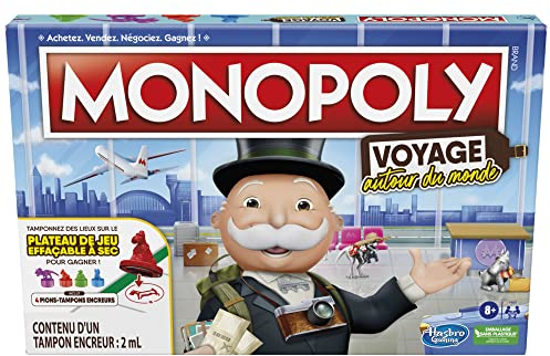 Monopoly Hasbro Reise um die Welt, für Familie und Kinder, ab 8 Jahren, mit Stempelsteinen und trocken abwischbarem Tablett, Mehrfarbig