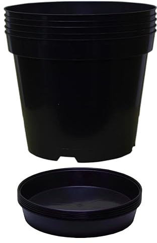 Muddy Hands Pack of 5 Black Plastic Plant Pots + Saucers - Outdoor Garden Round Nursery Herb Flower Planters Base Water Drip Trays (3 Litre)