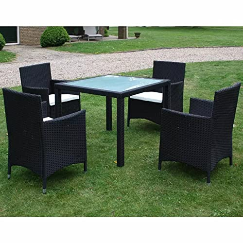 Gecheer 5-TLG. Garten Essgruppe, Terrassenmöbel Set 4 Personen, Sitzgruppe Esstisch mit Glas-Tischplatte & 4 Rattan-Stühle mit Sitzkissen, Gartenmöbel Set Schwarz