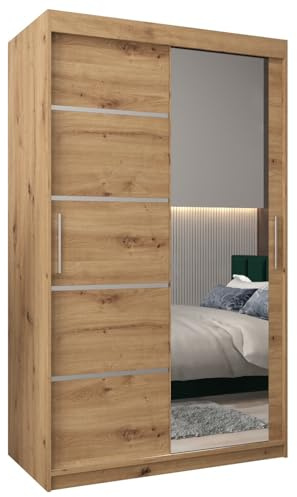 MEBLE KRYSPOL Kleiderschrank mit Spiegel Verona 2 - Garderobenschrank - Schrank Schlafzimmer - Mehrzweckschrank Zwei Schiebetüren - Regalen - Flur Möbel - Kleiderstange Schrank - Allzweckschrank