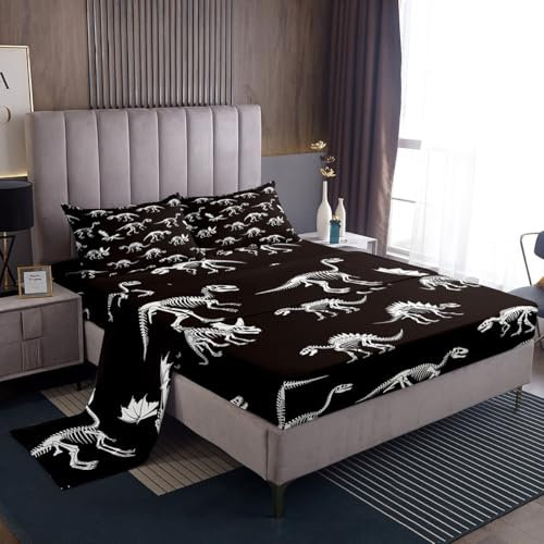 Homewish Juego de sábanas de esqueleto de dinosaurio, tamaño Queen, juego de sábanas de huesos de dinosaurio, decoración de dormitorio de adultos, juego de ropa de cama de microfibra con sábana