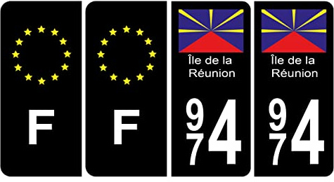HADEXIA Nummernschild-Aufkleber, 974 Ile Réunion BIS, schwarz, C & F, 4 Stück