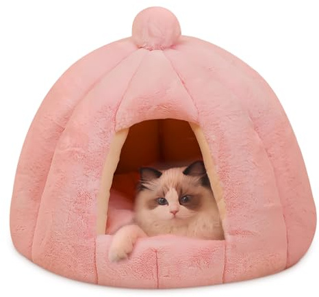ALLSOPETS Hundehöhlenbett Katzenhöhle Igloo-Nest mit Abnehmbarem Waschbarem Kissen, Kuscheliges Warmes Haustierzelt für Kleine bis Mittelgroße Hunde und Katzen (Sakura Rosa, M)