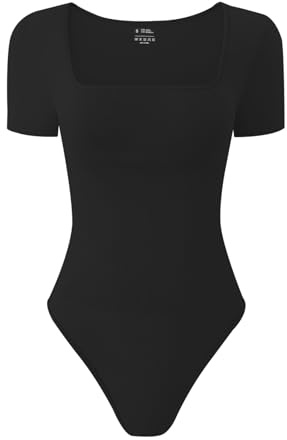 TDIFFUN Body gainant à manches courtes et col carré côtelé sans couture pour femme - Noir L