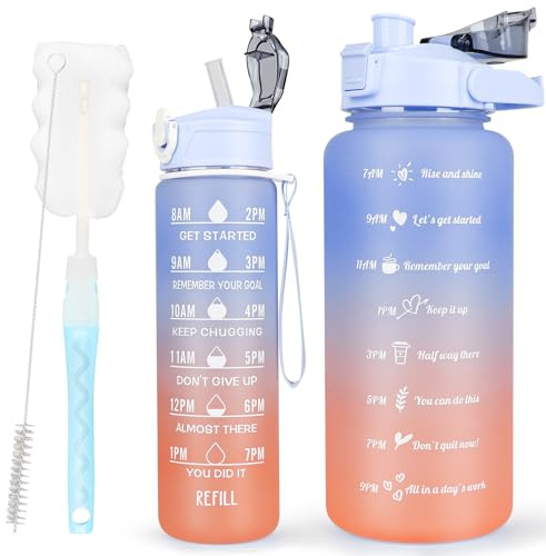 CodiCile 2 Pack Trinkflaschen BPA-frei (2Liter + 750ml), Sport-Trinkflasche mit Zeitmarkierung & Strohhalm, inklusive Reinigungsbürste - Großer motivierender Zeitmarker für Fitnessstudio