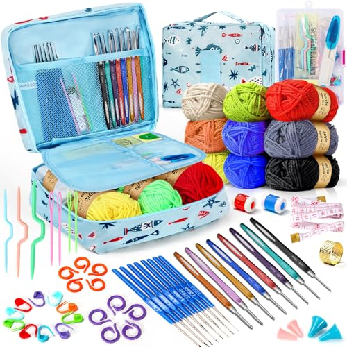 WEEKSUN 63-teiliges Häkelset für Anfänger, Strick- und Häkelbedarf, Premium-Häkelset enthält Garn in 9 Farben, Häkelnadeln, Zubehör-Set, Häkeltasche und mehr, geeignet für Anfänger
