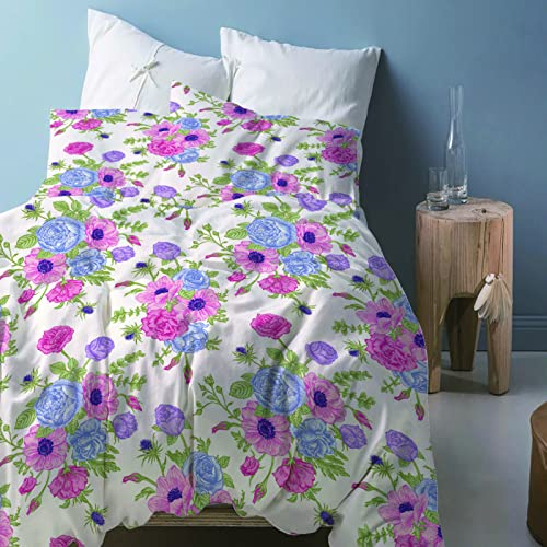 Bettwäsche 135X200Cm 3 Teilig 3D Lila Blaue Blüten Druck Bettbezug Set, Baby Bettwäsche Weiche Flauschige Hypoallergen Mikrofaser Bettbezüge Mit Reißverschluss Und 2 Kopfkissenbezug