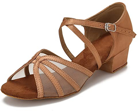 CLEECLI Ballroom Dance Shoes Low Heel Women Salsa Latin Dancing Shoes 1.5 Inch Heel ZB14(8,Tan)