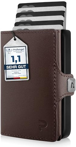 PURISTO KLIK Minimal Slim Wallet mit Münzfach - Mini Portemonnaie und Geldbeutel für Herren aus Echtleder - Kleines Kartenetui mit RFID Schutz für 10-12 Karten - Dunkelbraun