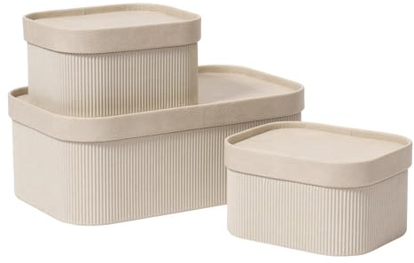 La Jolie Maison Fluted Cardboard Storage Baskets with Leather-Like Lids, Sturdy Stackable Paper Boxes Decorative Tray,Set of 3 Ivory