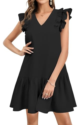 Missufe Sommerkleid A Linien Swing Freizeitkleid Damen V-Ausschnitt Rüschenkleid (schwarz, mittel)
