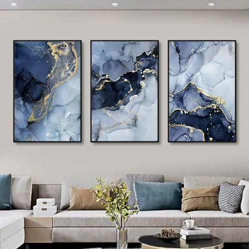 Blau Gold Marmor Leinwand Bilder 3er Set, Moderne Wohnzimmer Wandbilder Blau Textur Poster, Ohne Rahmen Wandposter, Abstrakt Kunst Art Bilder (B,60x90 cm)