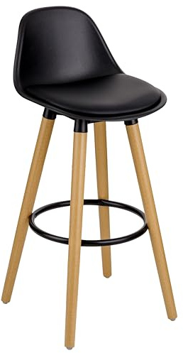 Baroni Home Tabouret de Bar avec Dossier et Coussin, Haute Chaise avec Repose Pieds - Design Moderne en PU et Bois Acier pour Maison et Restaurant, 40x42x92 cm, Noir, 1 pièce