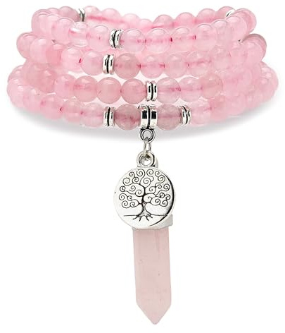 Baum des Lebens Charm, 108 Natürliche Mala Perlen Armband Spirituelle Halskette mit Reiki Quarz Hexagonal Prisma Anhänger (Rosenquarz (Rose Quartz))