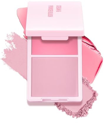 Paleta de rubor en polvo crema, paleta de rubor de 2 tonos con crema y polvo prensado mate, paleta de rubor rosa caramelo melocotón de alta pigmentación