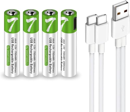 Yangers 4 pièces Piles Rechargeables AAA USB C, 1,5V 750mWh Lithium ION Batterie Rechargeables AAA Longue Durée Li-ION Akku AAA avec Câble de Charge USB C 2 en 1