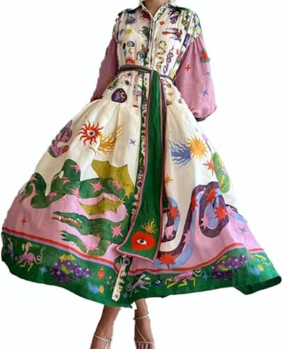 Robe longue et fluide à manches lanterne et col polo pour femme - Style décontracté vintage bohème - Pour les fêtes d'automne et les sorties, Imprimé violet, XXL