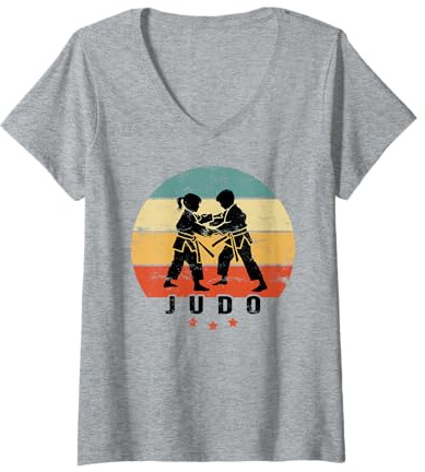 Womens JUDO child retro sunset vintage boy and girl doing judo V-Neck T-Shirt
