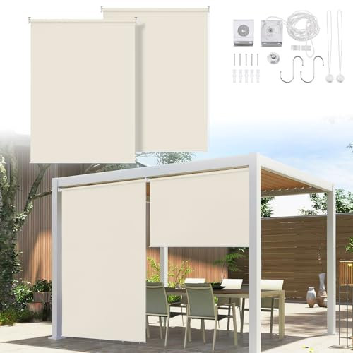 Ikodm Toldo vertical, 140 x 140 cm, protección solar, protección solar, protección contra el viento, estor lateral, sombreado, resistente a la intemperie, para balcón, terraza, jardín, beige, 2
