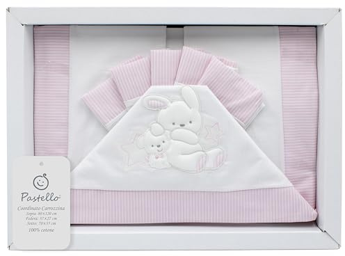 PASTELLO - 3-teiliges Kinderwagen, 100% Baumwolle für Neugeborene, Bettwäsche mit Stickerei (Art. LC1F, Rosa)