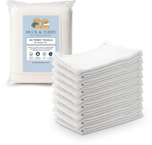 Terry Cloth Rags for Cleaning (60PCS), Bag of Rags White, 100% Cotton Bar Mop, Paint Cloth and Multipurpose, Kitchen, Auto, Staining, Lint Free Absorbent Washable Towel 15x18 in