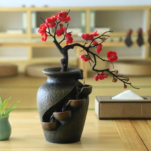 Dalumian Fontana da Tavolo con Albero di Fiori Artificiali, Fontana a Cascata Feng Shui da Interno, Mini Cascata in Resina da Tavolo, 15,75 Pollici