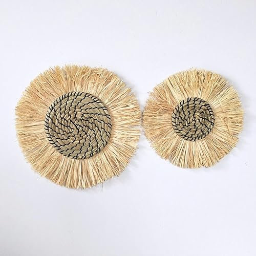 tovagliette, Tovagliette rotonde intrecciate con nappe da 26/33 cm, tovagliette in giacinto d'acqua naturale, tovagliette in paglia intrecciata for tavolo da pranzo(Black,26cm with tassels)