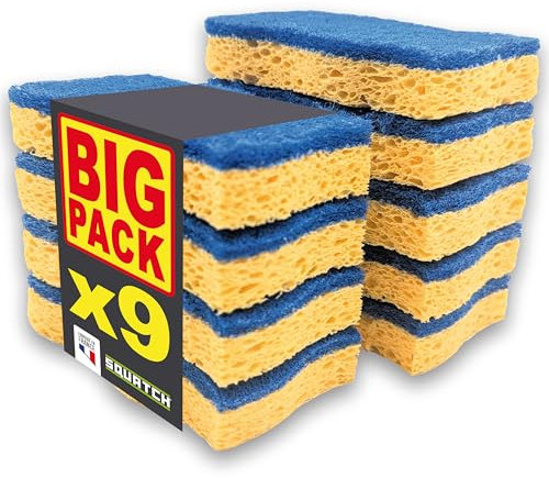 SQUATCH® SOFT | Set di 9 Spugne da Cucina | Big Pack Economico | Abrasivo non Graffiante | Cellulosa Vegetale per Pulire, Viso Blu per Stoviglie Delicate | Doppia Azione e Ultra Assorbente