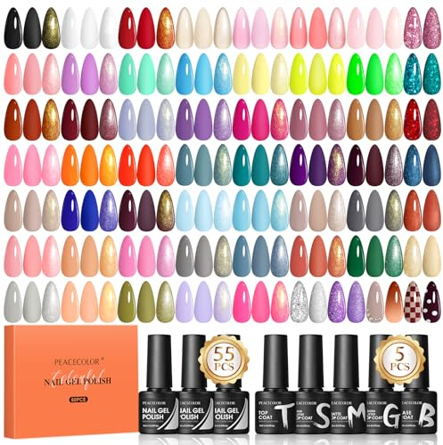 Peacecolor 60PCs Gel Nail Polish Set 55 Colors Gel Polish Kit with Glossy/Matte/Glitter 5Pcs Top Coat & Base Coat Soak Off U V Lamp Glitter Pink White Nail Kit Gifts for Women