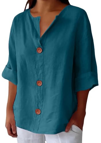 Uwdiohq Camisas De Lino para Mujer, Blusas Verano Algodon Y con Cuello En V Mangas 3/4, Blusa Holgadas Vacaciones La Playa, Camiseta Tallas Grandes, Adolescentes