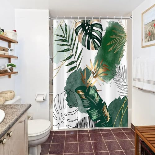 Uiiooazy Tenda Doccia Antimuffa 150x200cm Tropicale Verde Turchese Giungla | Tenda da Doccia Astratta Foglie di Palma Verdi Impermeabile Tessuto in Poliestere Lavabile per Vasca da Bagno con 10 Anelli