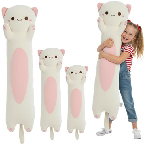 Kekeso Lange Katze Kuscheltier - Weiches Katzenkissen Stofftier für Kinder & Erwachsene, Süße Kawaii Katzen Plüschtier körperkissen (Creme, Runde Augen, 90cm/35.43inch)