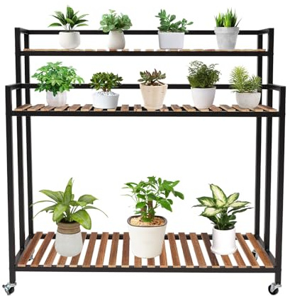 Dokiiovo Blomtrappa i 3 nivåer, blomhylla med hjul, växttrappa av rostfritt stål och furu, rörligt blomställ, växtstativ för utomhus inomhus, 100 x 40 x 102 cm (svart)
