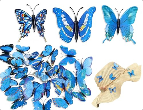 Emezddo 25 Stück Schmetterlinge Deko,PVC Fliegende 3D Schmetterling Brosche,verwendet für Schlafzimmer Curtains Dining Table Party Dekoration(Blau)