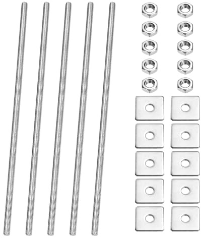 PATIKIL 5 Pcs Fully Threaded Rod, M4 x 150mm 304 Stainless Steel Right Hand Long Thread Bar Studs with Nuts Square Washers for Pipes Clamps Hangers U-Bolts