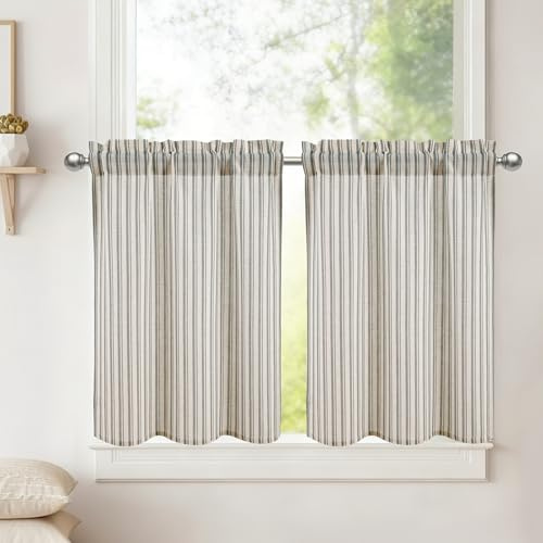 DWCN Grå randiga korta gardiner linne H 45 x 60 cm 2 stycken fönstergardiner moderna köksgardiner halvtransparenta fönstergardiner för bistrogardin källare skåpgardin vardagsrum gardiner husvagn
