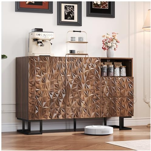 Wyibwy Aparador moderno para salón, 120 x 40 x 78,5 cm, con dos puertas y dos cajones, tallado profundo en forma de hoja de nogal, mueble con patas de metal, mueble de recibidor