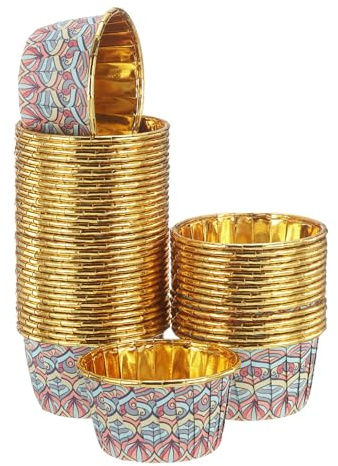 sourcing map 150 moldes para hornear magdalenas, 3.5 onzas, dorados, pequeños moldes para hornear, estilo bohemio, para fiestas de cumpleaños, bodas, festivales, rosa/azul