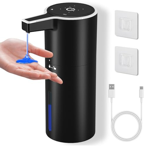 Automatic Soap Dispenser, 400ml Wall Mounted Touchless Soap Dispenser with 4 Adjustable Levels, IPX5 1800mAh USB-C Rechargeable Hands-Free Liquid Dispenser for Bathroom Kitchen Black
