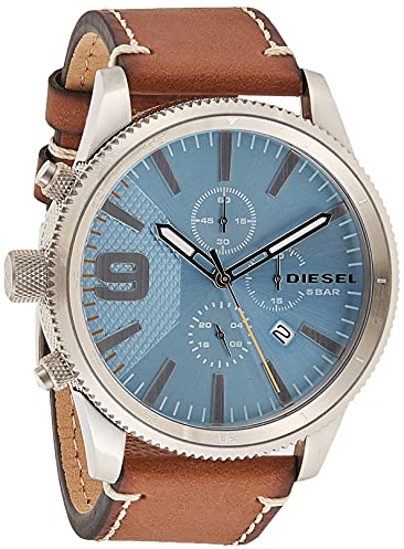 Diesel Herrenuhr Rasp Chrono 50Mm, QuarzChronographenwerk, 50mm silbernes Edelstahlgehäuse mit Lederarmband, DZ4443